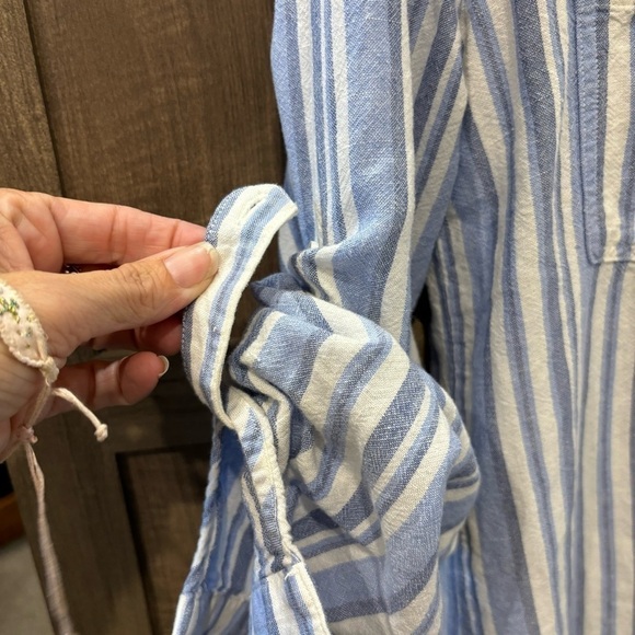 Cloth & Stone Small Shirt Dress western fray striped Roll Tab Sleeves - Picture 8 of 12